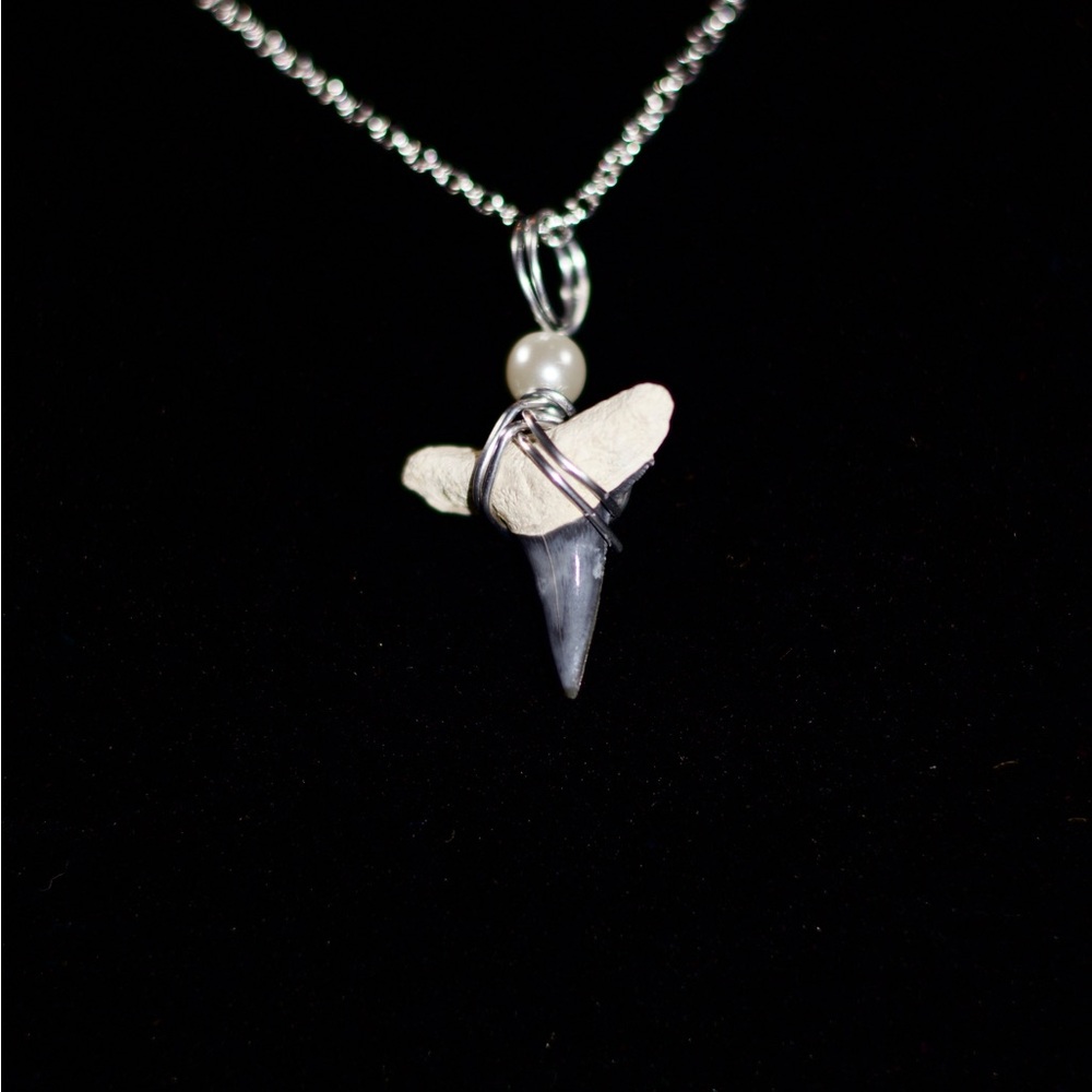 Silver Shark Tooth & Pearl Necklace with matching Earrings Set